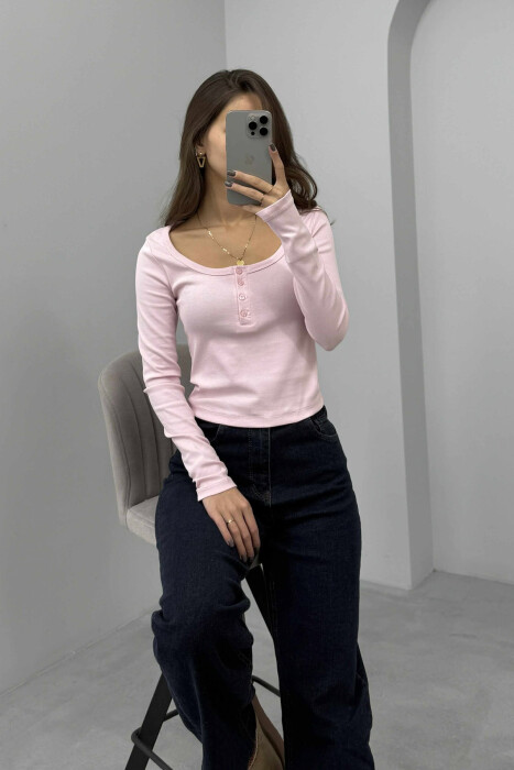 ONE COLOR BUTTONED WOMEN SWEATSHIRT BABY PINK/ROZB - 5