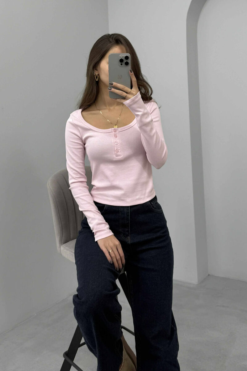 ONE COLOR BUTTONED WOMEN SWEATSHIRT BABY PINK/ROZB - 5