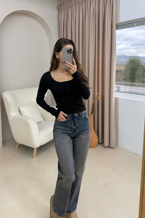 ONE COLOR BUTTONED WOMEN SWEATSHIRT BLACK/ E ZEZE - 9