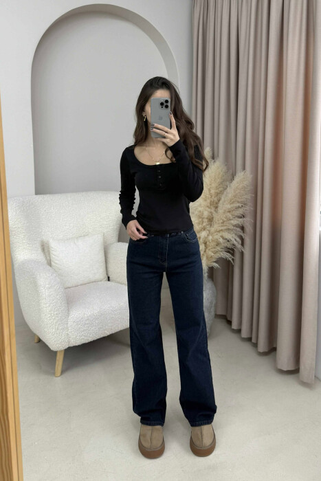 ONE COLOR BUTTONED WOMEN SWEATSHIRT BLACK/ E ZEZE - 1