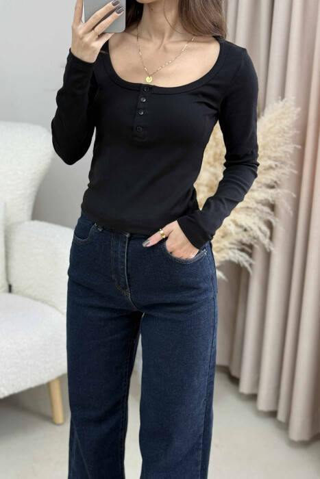 ONE COLOR BUTTONED WOMEN SWEATSHIRT BLACK/ E ZEZE - 7