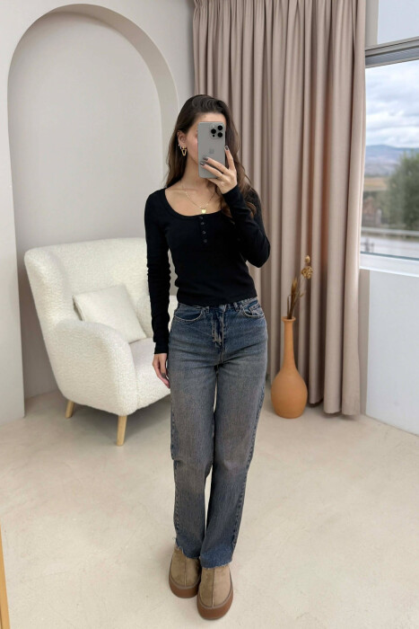 ONE COLOR BUTTONED WOMEN SWEATSHIRT BLACK/ E ZEZE 