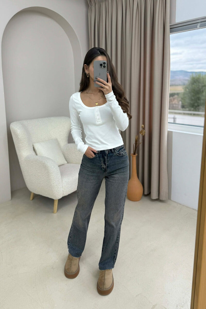 ONE COLOR BUTTONED WOMEN SWEATSHIRT WHITE-E BARDHE - 2