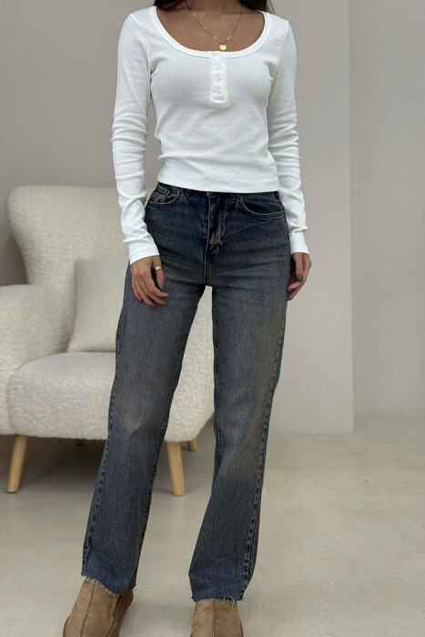 ONE COLOR BUTTONED WOMEN SWEATSHIRT WHITE-E BARDHE - 8