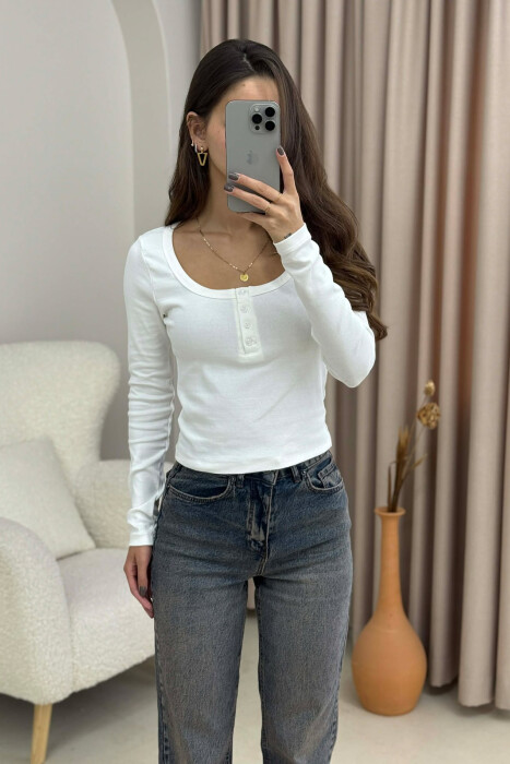 ONE COLOR BUTTONED WOMEN SWEATSHIRT WHITE-E BARDHE - 9