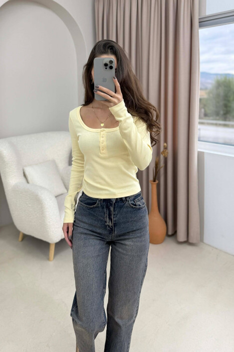 ONE COLOR BUTTONED WOMEN SWEATSHIRT YELLOW/E VERDHE - 4
