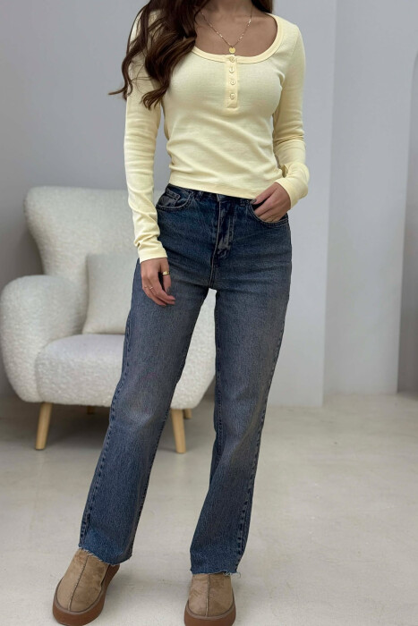 ONE COLOR BUTTONED WOMEN SWEATSHIRT YELLOW/E VERDHE - 9