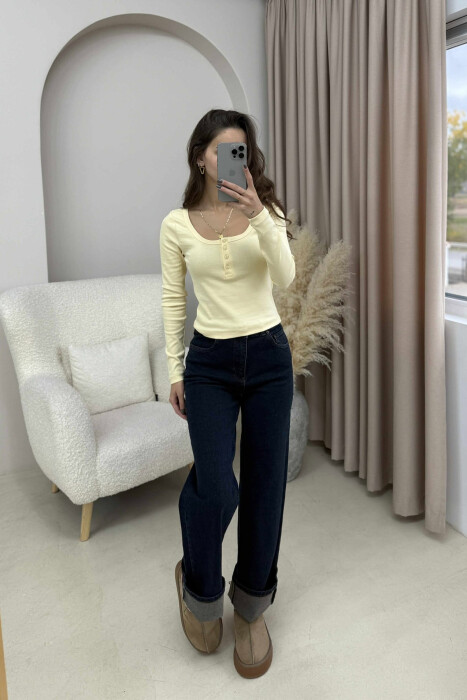 ONE COLOR BUTTONED WOMEN SWEATSHIRT YELLOW/E VERDHE - 1