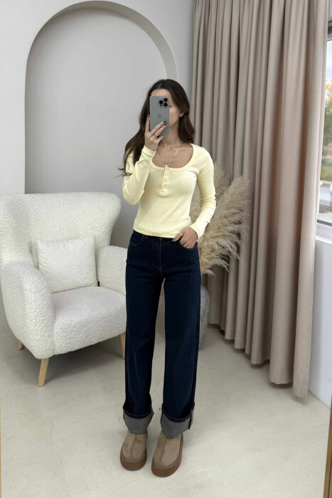 ONE COLOR BUTTONED WOMEN SWEATSHIRT YELLOW/E VERDHE - 3