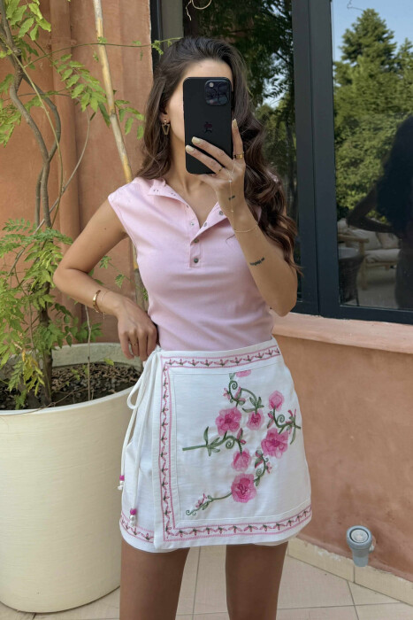 ONE COLOR BUTTONED WOMEN TANK TOP BABY PINK/ROZB 