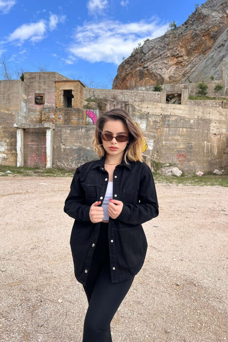 ONE COLOR BUTTONS DENIM WOMEN JACKET BLACK/ E ZEZE - 3
