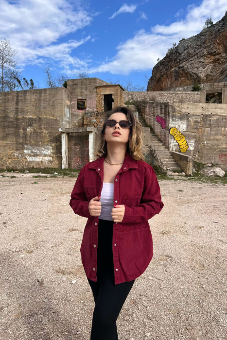 ONE COLOR BUTTONS DENIM WOMEN JACKET BURGUNDY/VISHNJE - 1
