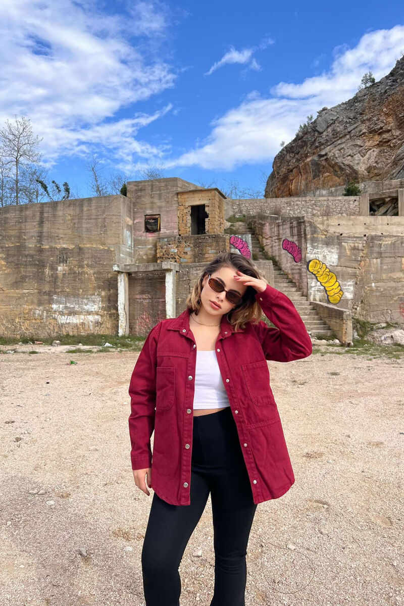 ONE COLOR BUTTONS DENIM WOMEN JACKET BURGUNDY/VISHNJE - 3