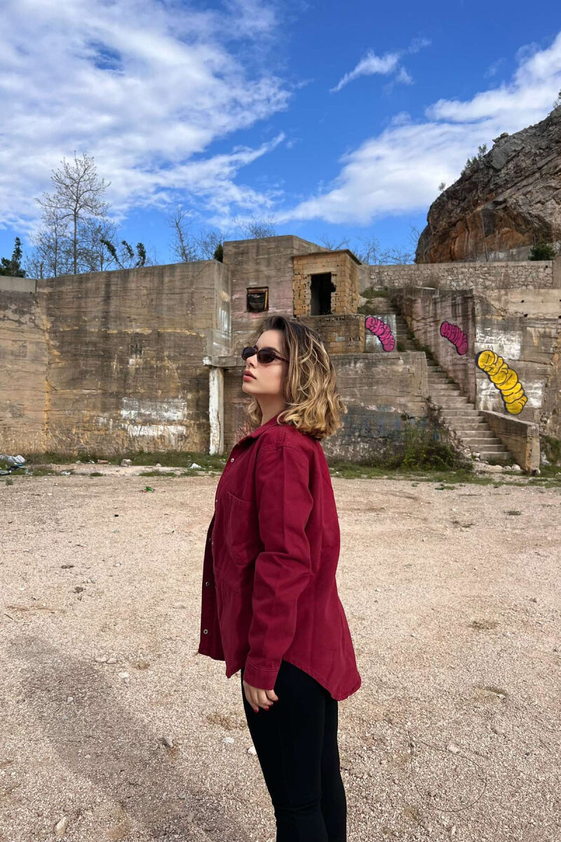 ONE COLOR BUTTONS DENIM WOMEN JACKET BURGUNDY/VISHNJE - 4