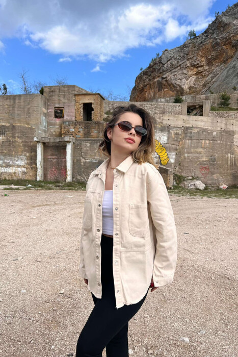 ONE COLOR BUTTONS DENIM WOMEN JACKET CREAM/KREM 
