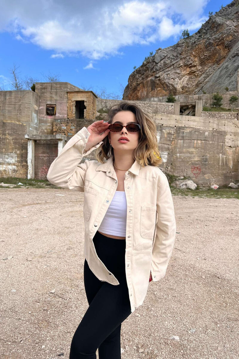 ONE COLOR BUTTONS DENIM WOMEN JACKET CREAM/KREM - 2