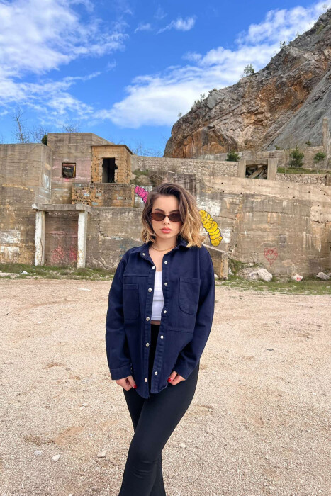 ONE COLOR BUTTONS DENIM WOMEN JACKET DARK BLUE/BEE - 3