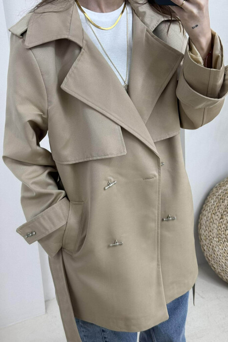 ONE COLOR BUTTONS DETAIL LACING WOMEN JACKET DARK BEIGE/BEZHE ERRET - 3