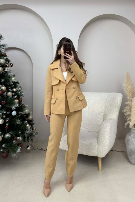 ONE COLOR BUTTONS DETAILS JACKET+TROUSERS WOMEN SET DARK BEIGE/BEZHE ERRET - KLAUDIO FASHION
