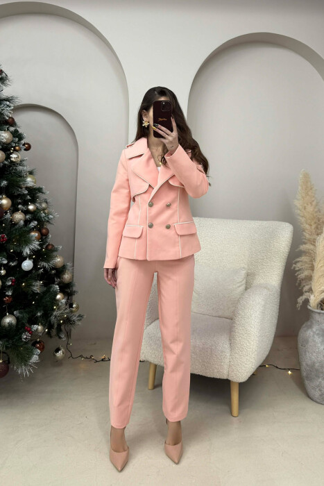 SET NJE NGJYRESH XHAKETE+PANTALLONA ME DETAJ KOPSASH PER FEMRA NE NGJYRE PUDER - KLAUDIO FASHION