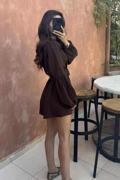 ONE COLOR BUTTONS LACING WOMEN JUMPSUIT BROWN/KAFE - 5