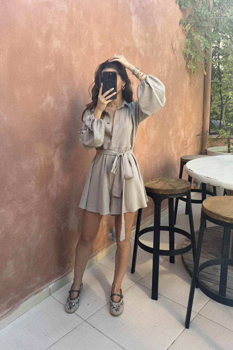 ONE COLOR BUTTONS LACING WOMEN JUMPSUIT LIGHT BROWN/KAZB - 2