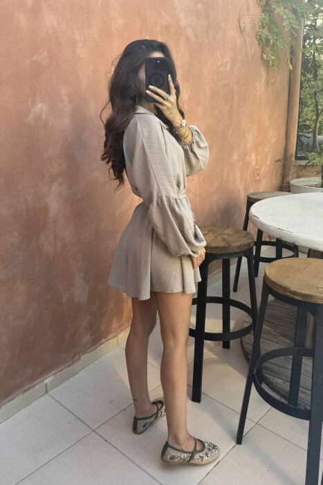 ONE COLOR BUTTONS LACING WOMEN JUMPSUIT LIGHT BROWN/KAZB - 4