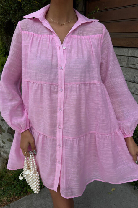 ONE COLOR BUTTONS LONG SLEEVE WOMEN DRESS PINK/ROZE - 2