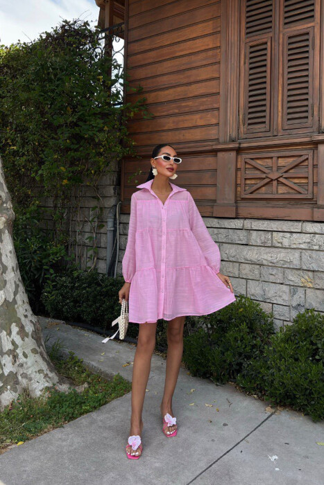 ONE COLOR BUTTONS LONG SLEEVE WOMEN DRESS PINK/ROZE - 3