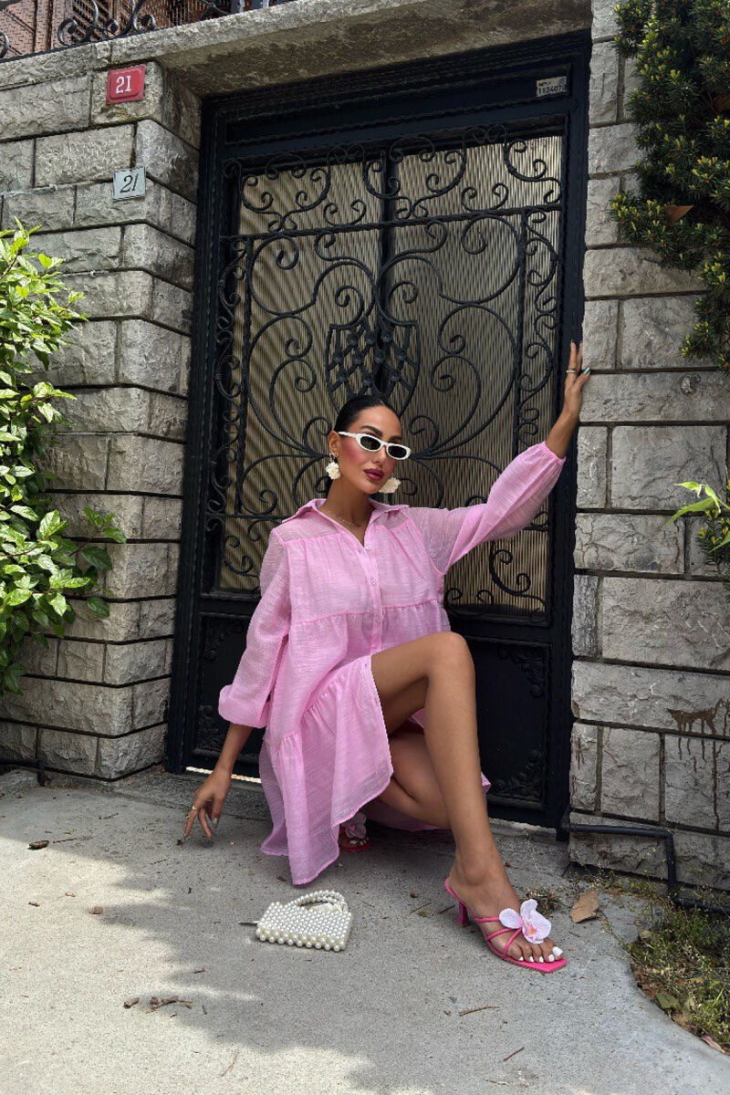 ONE COLOR BUTTONS LONG SLEEVE WOMEN DRESS PINK/ROZE - 4