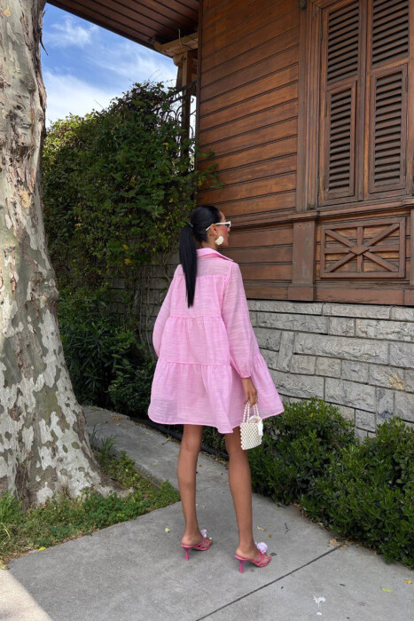 ONE COLOR BUTTONS LONG SLEEVE WOMEN DRESS PINK/ROZE - 5