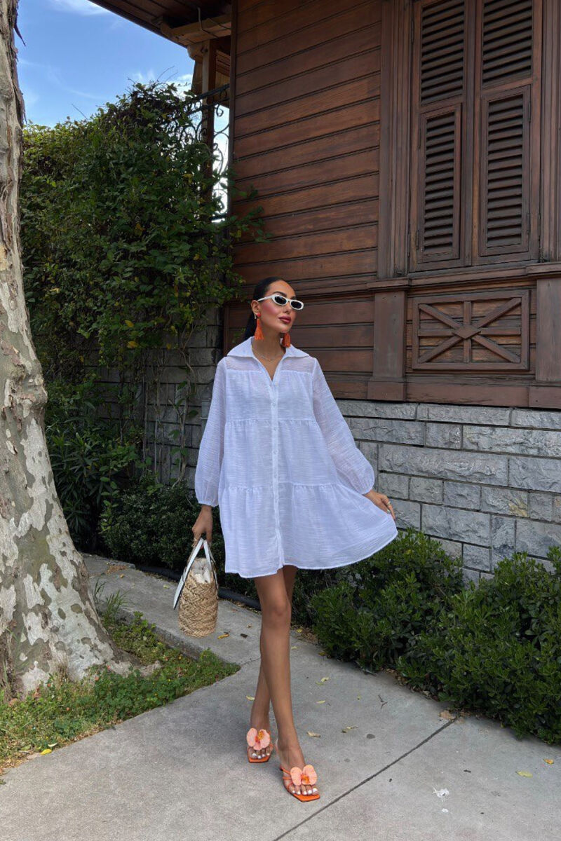 ONE COLOR BUTTONS LONG SLEEVE WOMEN DRESS WHITE-E BARDHE - 1