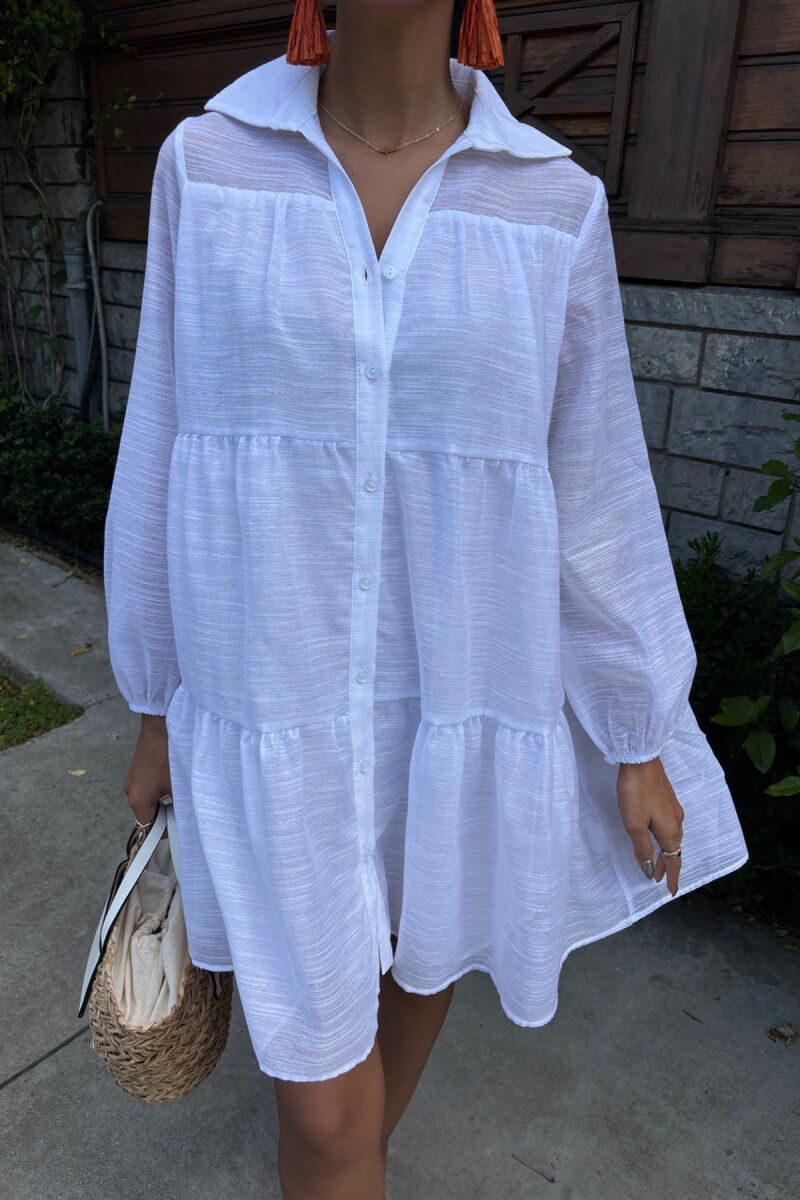ONE COLOR BUTTONS LONG SLEEVE WOMEN DRESS WHITE-E BARDHE - 2