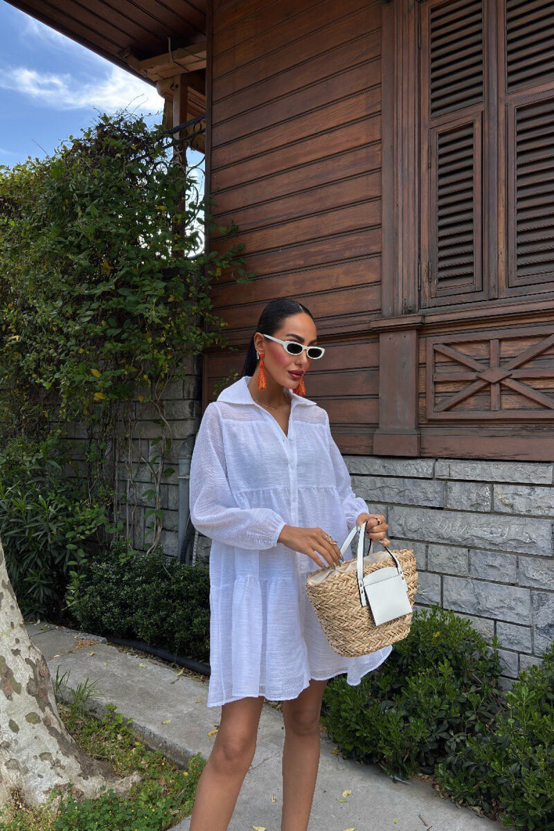 ONE COLOR BUTTONS LONG SLEEVE WOMEN DRESS WHITE-E BARDHE - 3