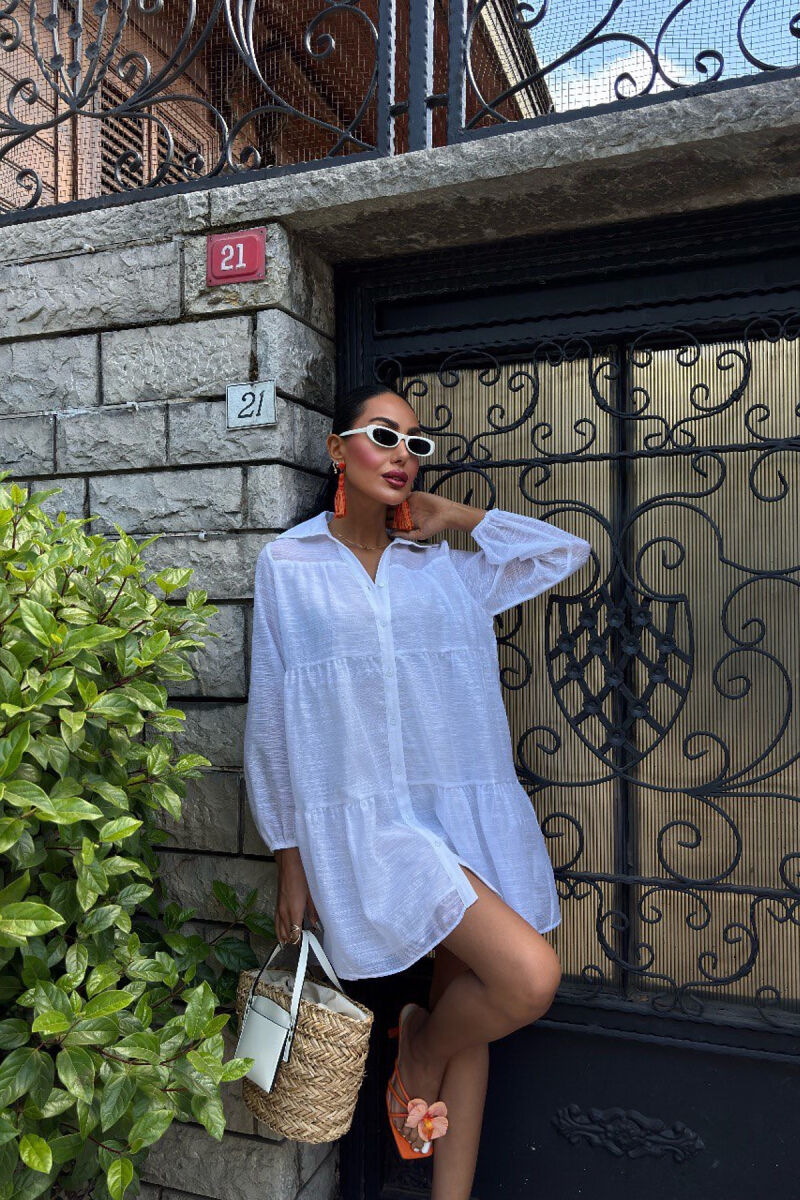ONE COLOR BUTTONS LONG SLEEVE WOMEN DRESS WHITE-E BARDHE - 4