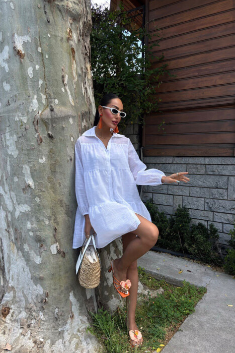 ONE COLOR BUTTONS LONG SLEEVE WOMEN DRESS WHITE-E BARDHE - 5