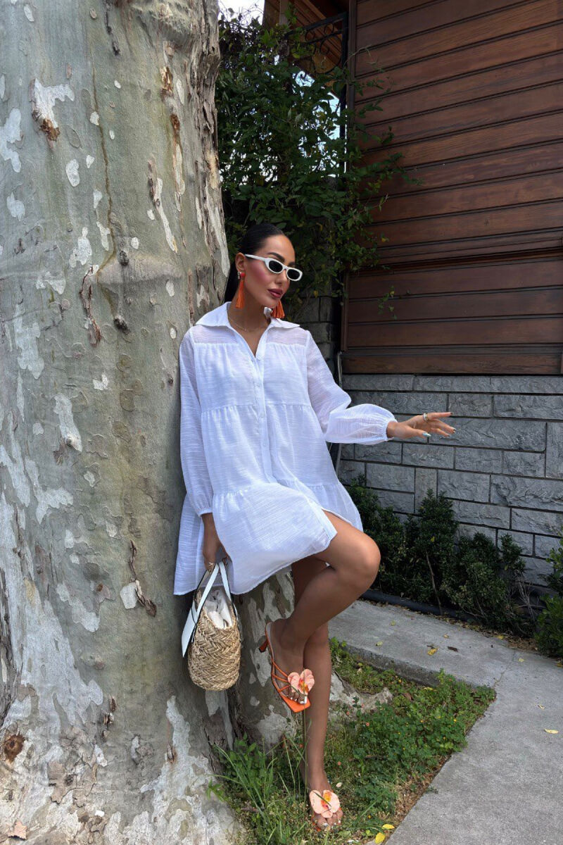 ONE COLOR BUTTONS LONG SLEEVE WOMEN DRESS WHITE-E BARDHE - 5