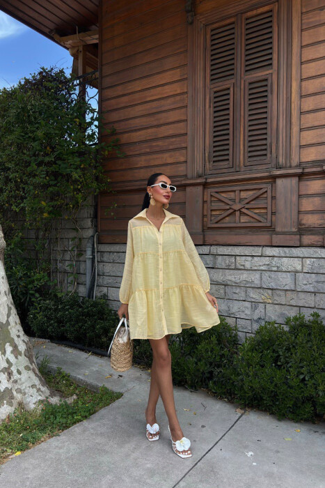 ONE COLOR BUTTONS LONG SLEEVE WOMEN DRESS YELLOW/E VERDHE - 1
