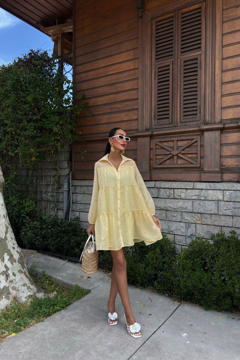 ONE COLOR BUTTONS LONG SLEEVE WOMEN DRESS YELLOW/E VERDHE - 1