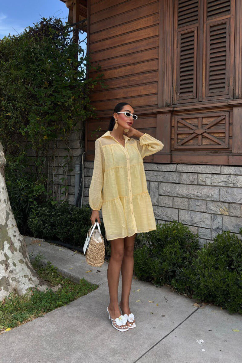 ONE COLOR BUTTONS LONG SLEEVE WOMEN DRESS YELLOW/E VERDHE - 2