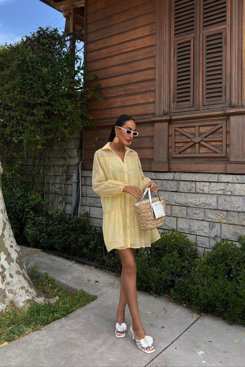 ONE COLOR BUTTONS LONG SLEEVE WOMEN DRESS YELLOW/E VERDHE - 3
