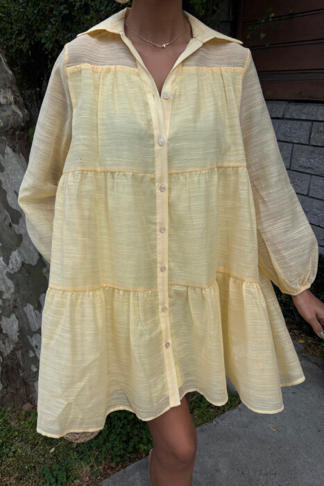 ONE COLOR BUTTONS LONG SLEEVE WOMEN DRESS YELLOW/E VERDHE - 4
