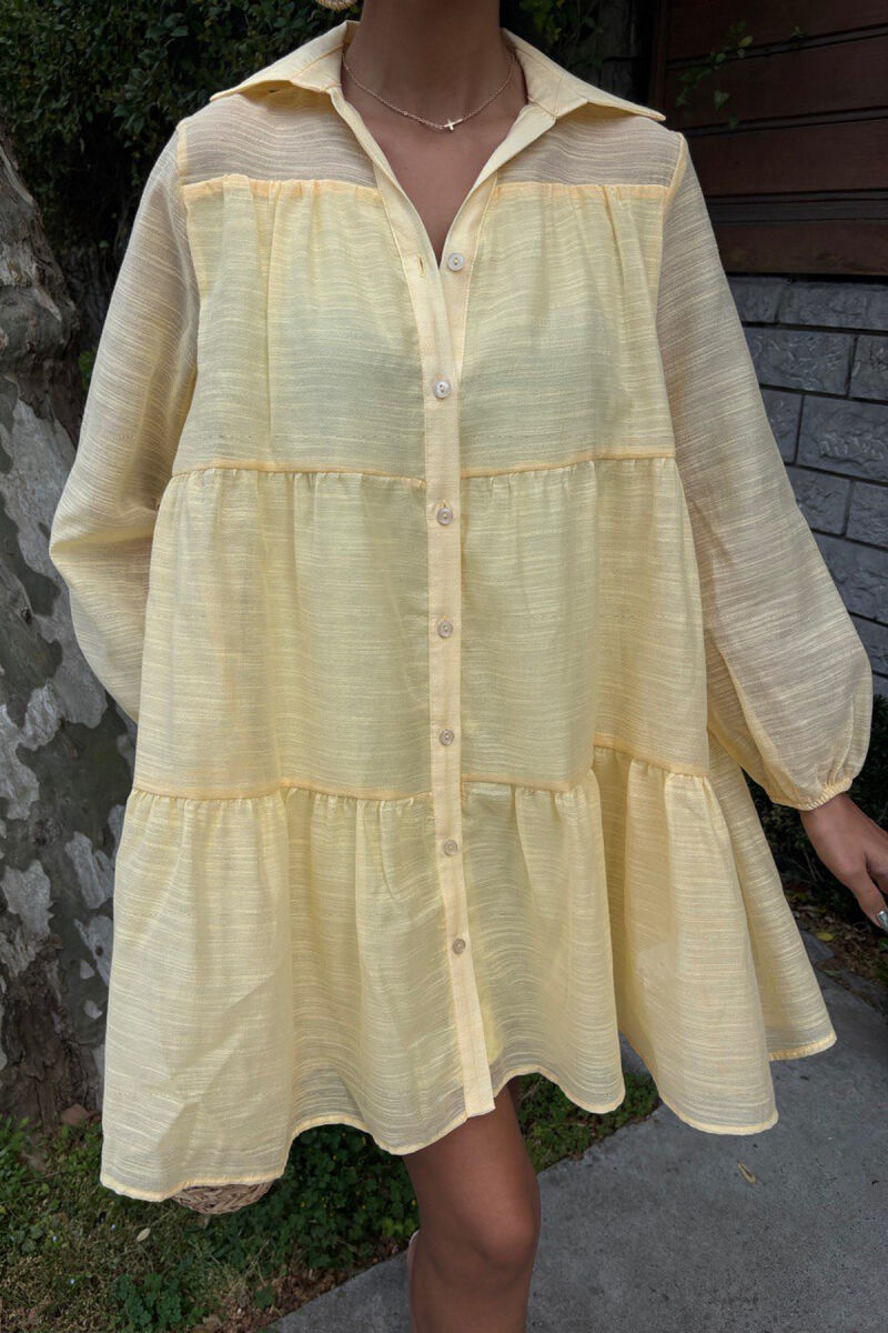 ONE COLOR BUTTONS LONG SLEEVE WOMEN DRESS YELLOW/E VERDHE - 4