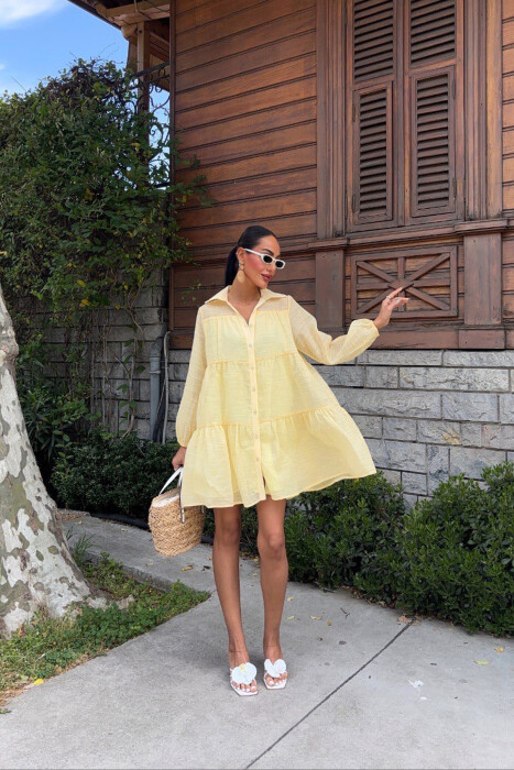 ONE COLOR BUTTONS LONG SLEEVE WOMEN DRESS YELLOW/E VERDHE - 5