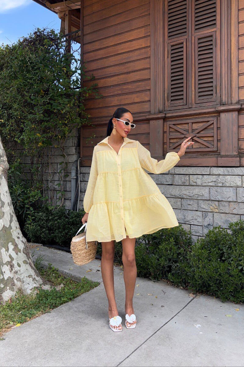 ONE COLOR BUTTONS LONG SLEEVE WOMEN DRESS YELLOW/E VERDHE - 5