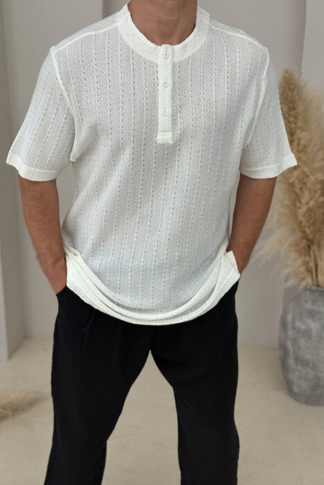 ONE COLOR BUTTONS MEN T-SHIRT CREAM/KREM - 2