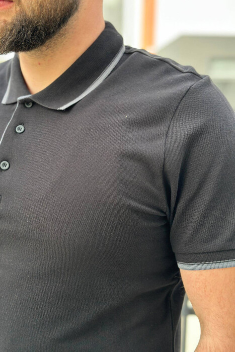 ONE COLOR BUTTONS POLO NECK MEN T-SHIRT BLACK/ E ZEZE - 4