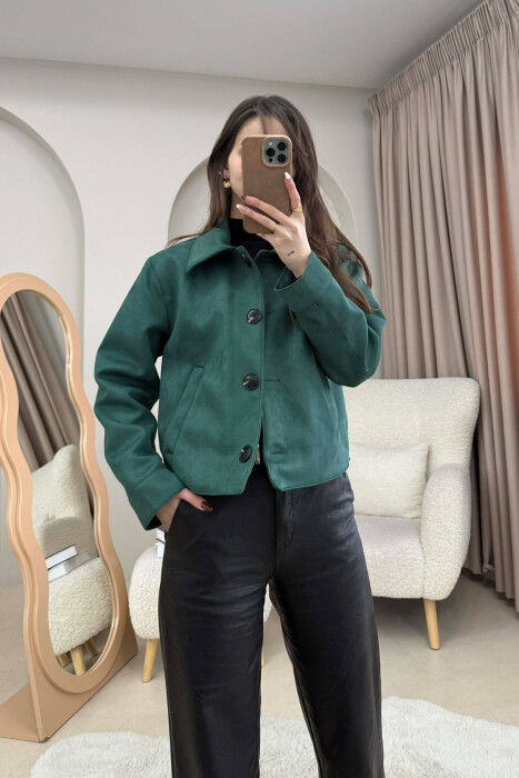 ONE COLOR BUTTONS SUEDE WOMAN JACKET GREEN/JESHILE - KLAUDIO FASHION