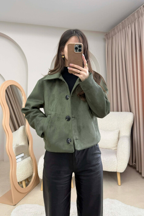 ONE COLOR BUTTONS SUEDE WOMAN JACKET OLIVE/ULLI - KLAUDIO FASHION