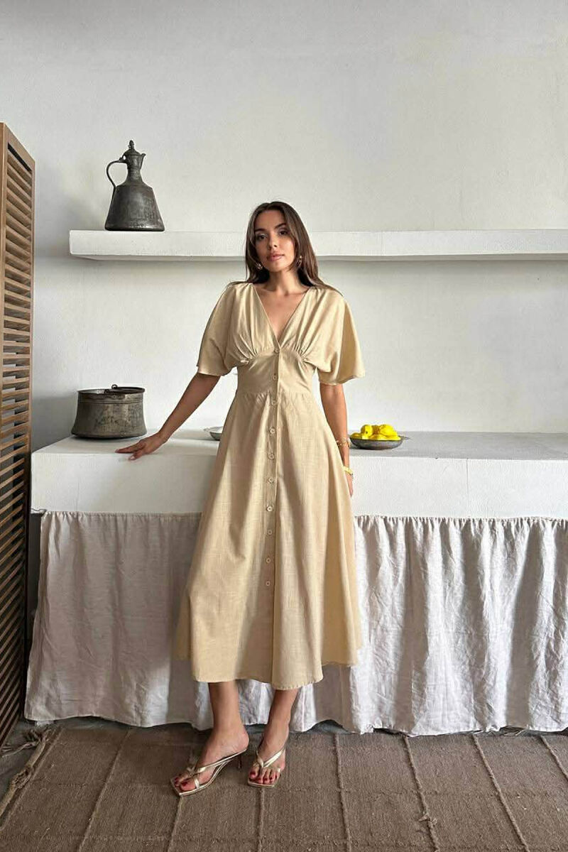 ONE COLOR BUTTONS V NECK WOMAN DRESS BEIGE/BEZHE - 1